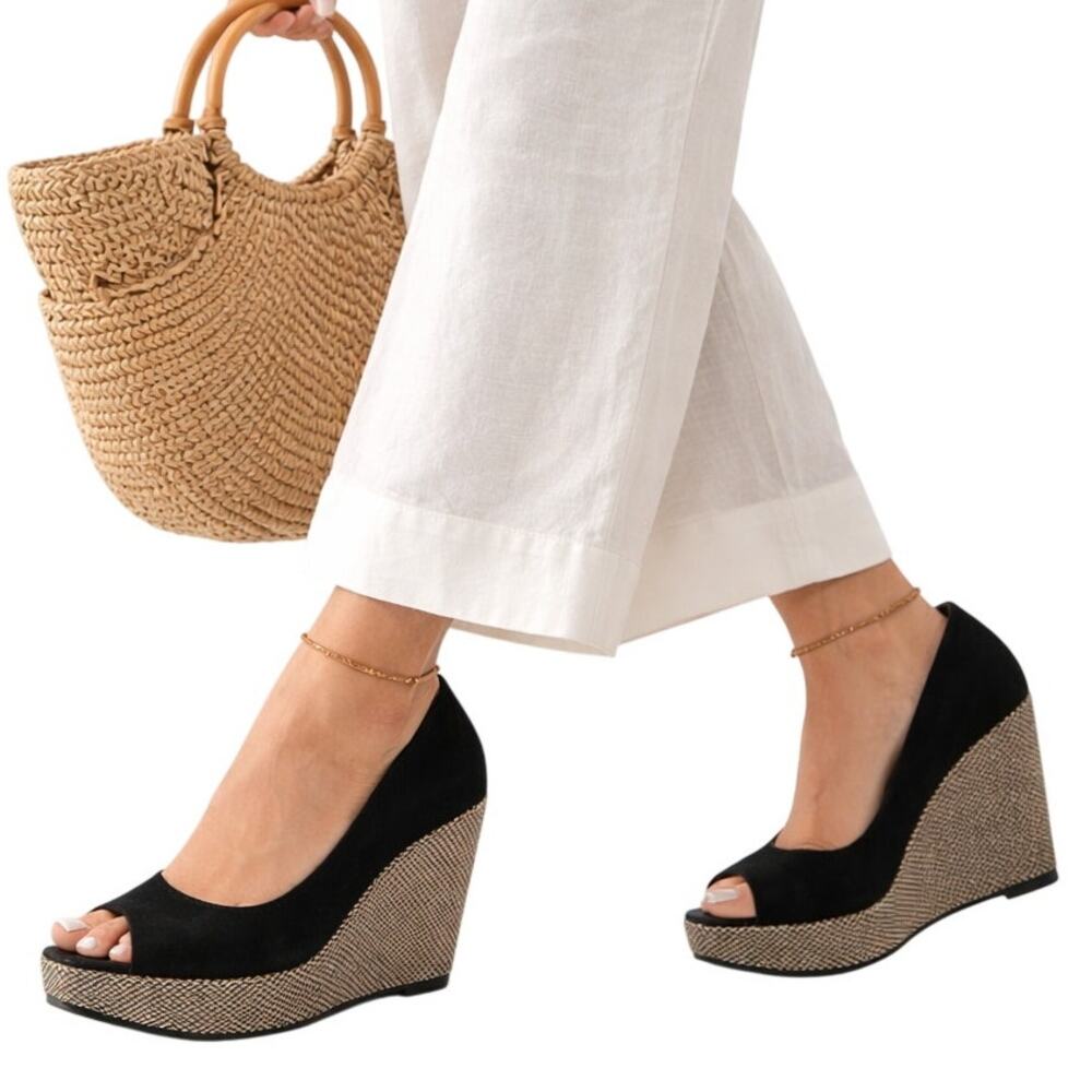 Nine West  Black Canvas Peep Toe Platform Wedge Woven Heel 6M